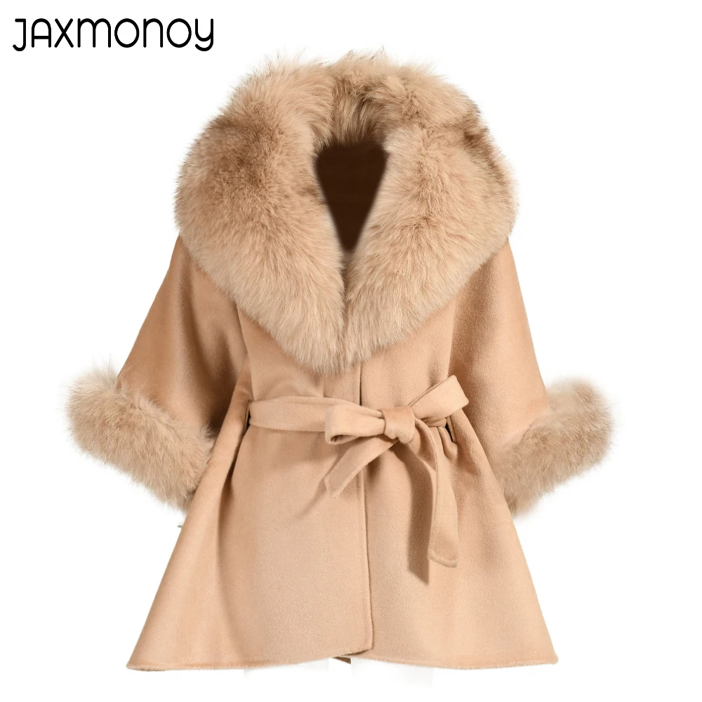 

Jaxmonoy Cashmere Women Coat For Winter Luxury Big Real Fox Fur Collar and Cuffs Ladies Solid Belt Wool Cloaks Fashion Warm Fall