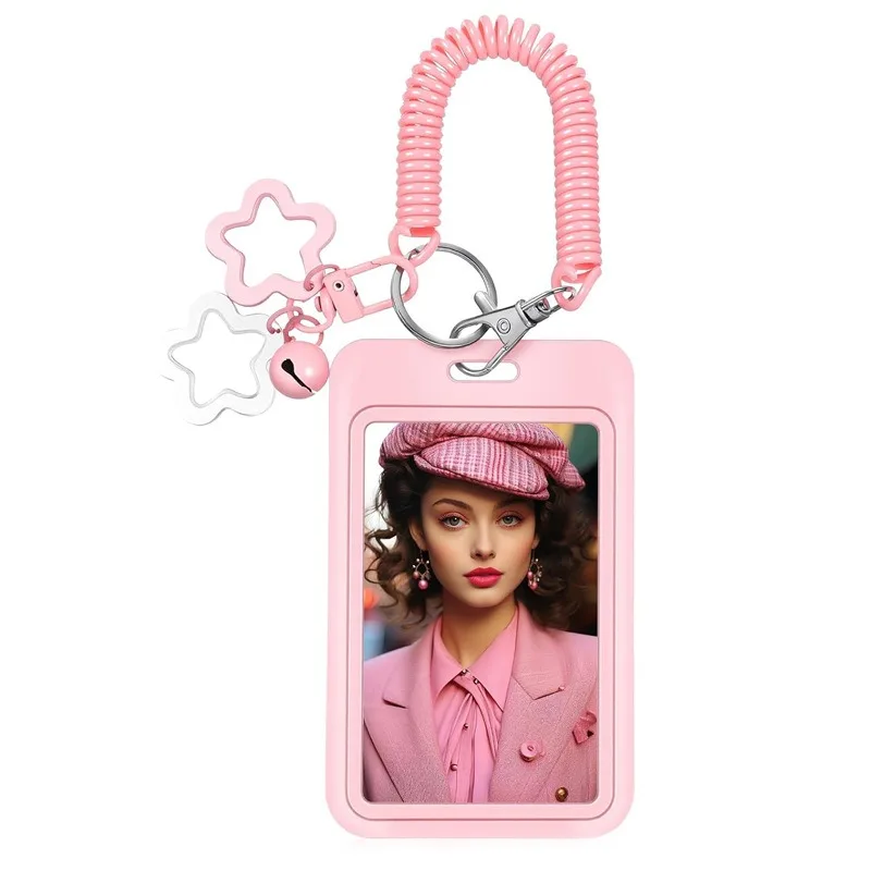 Korean Ins Style Star Photo Card Holder Keychain Slide Cover for Transit Student Access ID Card Case with Spring Lanyard Rope