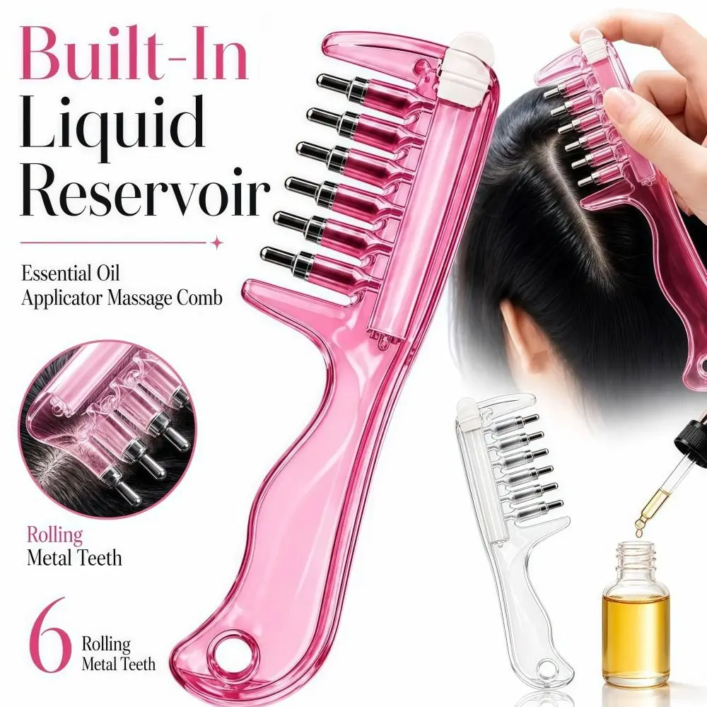 Transparent Essential Oil Applicator Massage Comb 6-Tooth Rolling Metal Teeth Scalp Liquid Applicator Comb Precise
