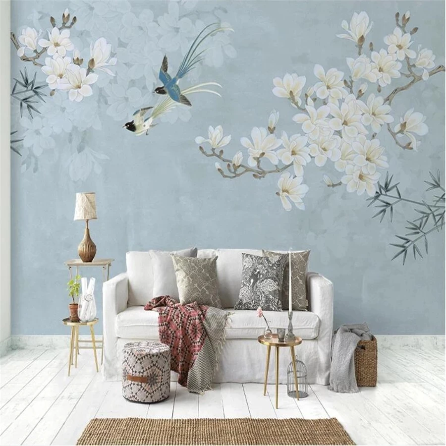 Custom wallpaper 3D Chinese magnolia bird illustration tree mural flower Living room TV background wall bedroom restaurant blue