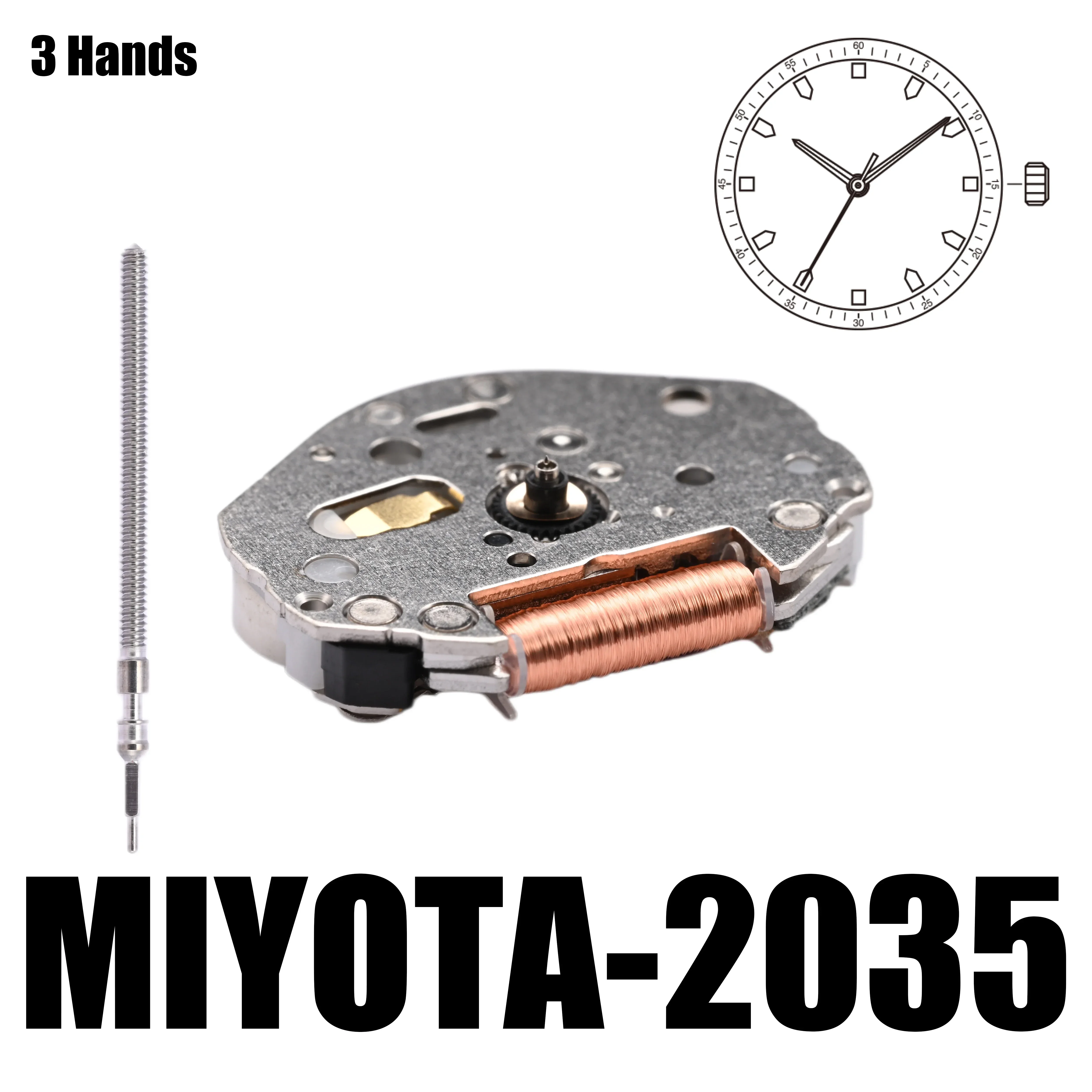 Miyota-標準の石英動きホワイト、3つのハンドサイズ、3、4x8 \'\'、高さ3.15mm、エンジン、金属の動き、日本製、2035