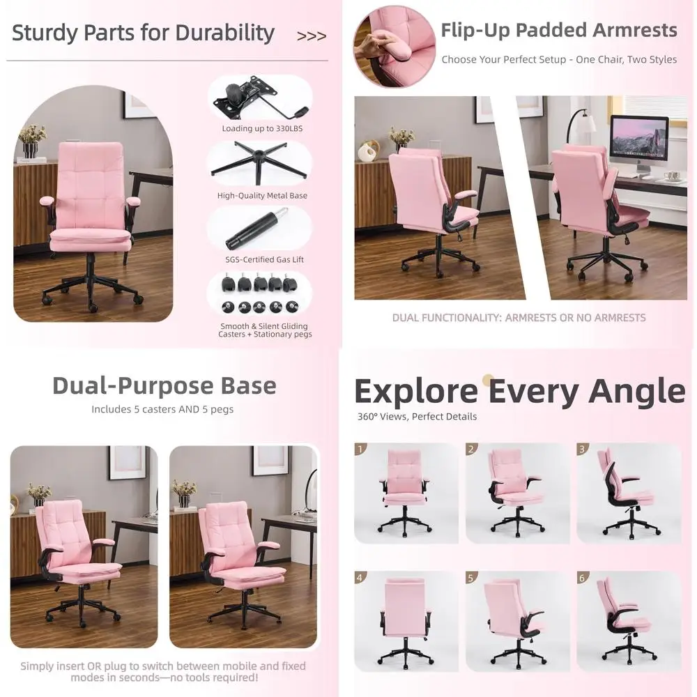 

Ergonomic High-Back Pink Leather Desk Chair for Home Office, Adjustable, 360° Swivel, No Wheels, Suitable for Adults & Teens