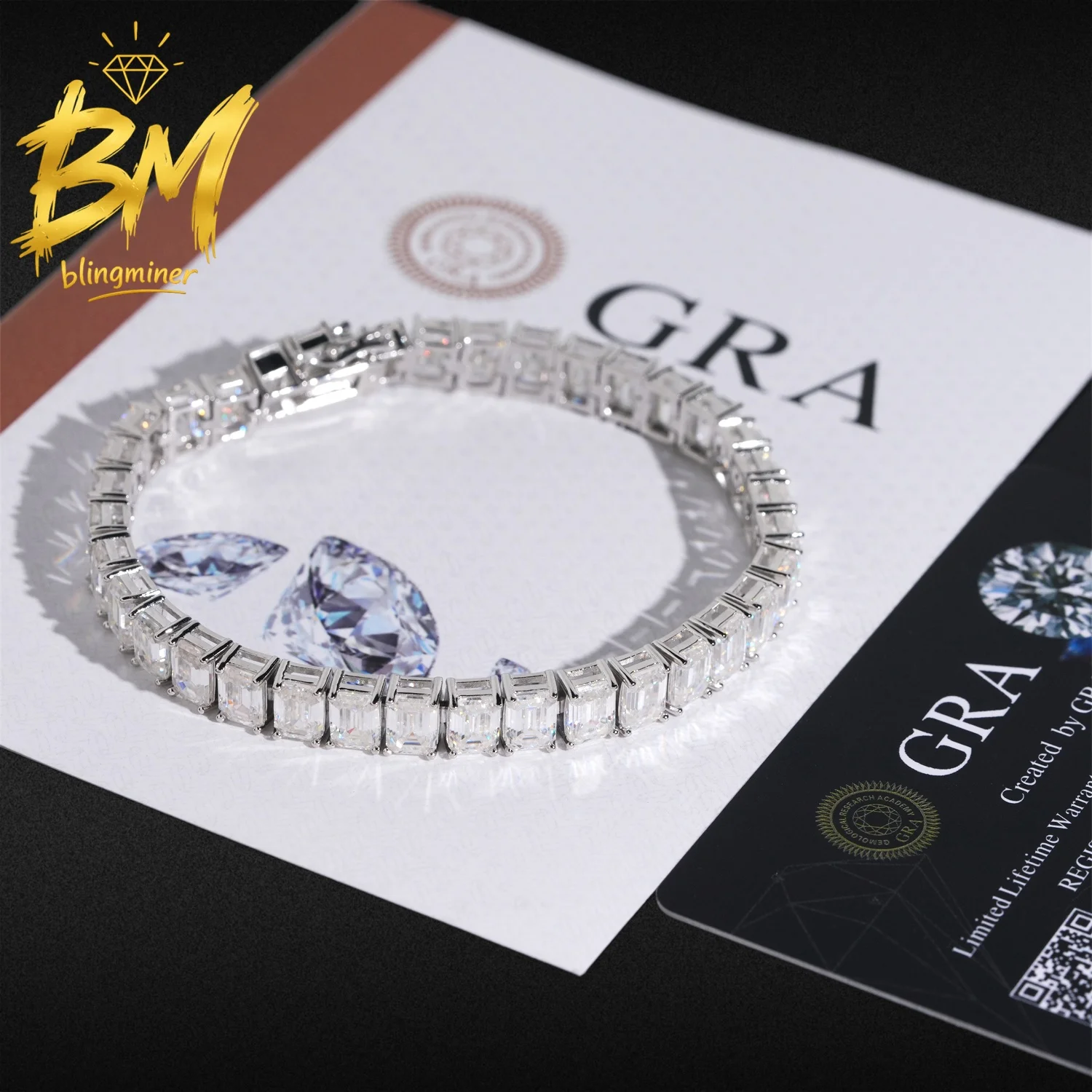 Blingminer 5x7mm Emerald Cut VVS Moissanite Tennis Chain Bracelet For Men Women S925 Silver Jewelry Pass Diamonds Tester GRA