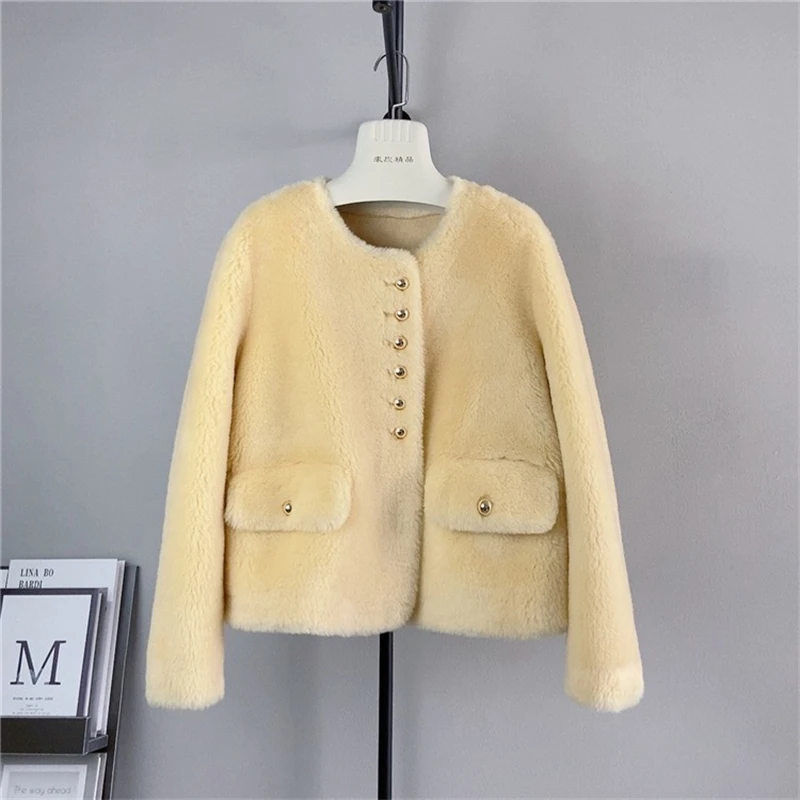 Lady Girl Pure Wool Fall and Winter Buttons Short Round Neck Jacket Female Sheep Shearling New Elegant Warm Coat  PT472