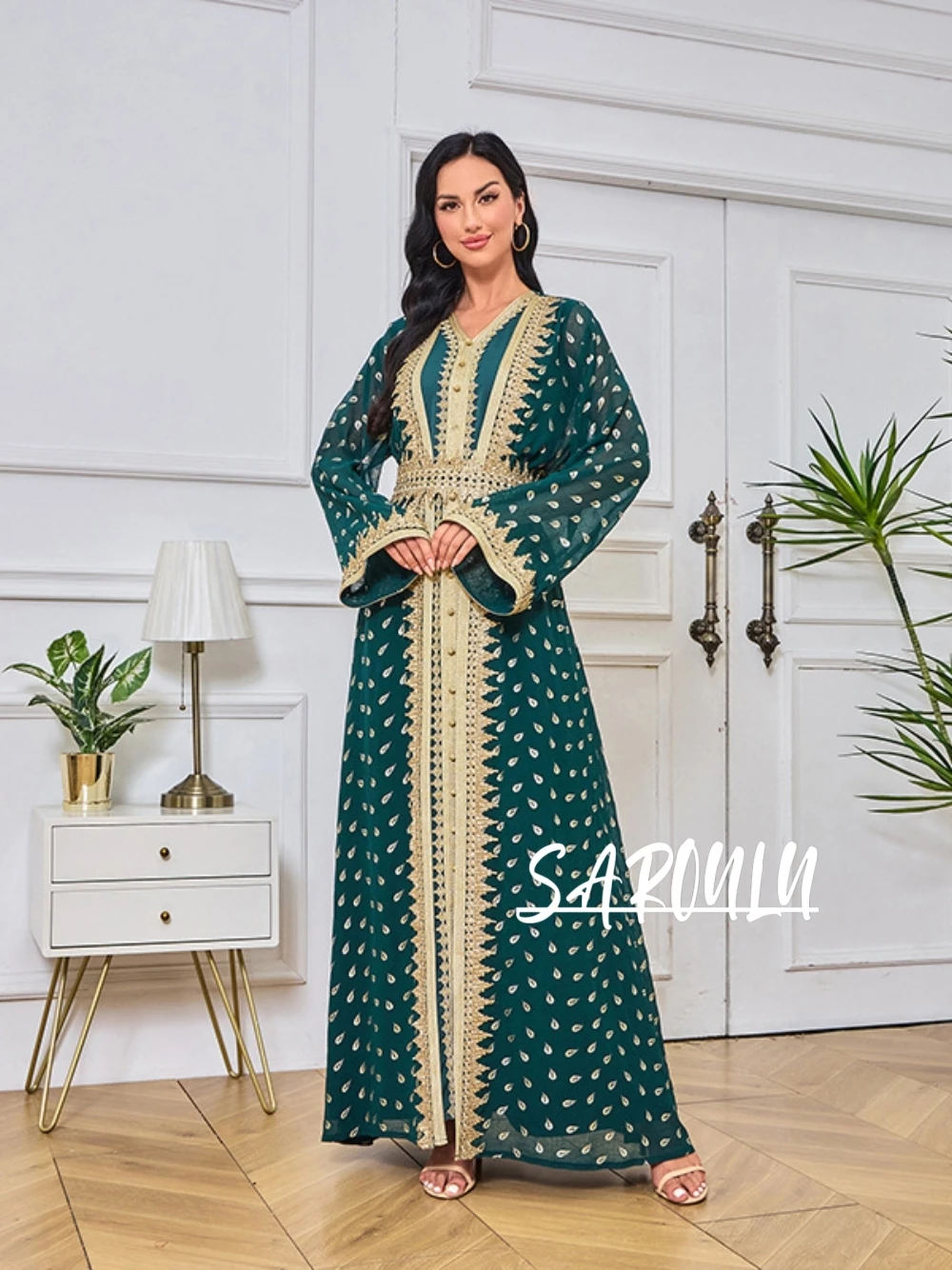 

Women Middle Eastern Style Green Abaya Evening Dress Gold Embroidered Long Sleeved Chic Leaf Pattern Maxi Prom Gown Two Pieces