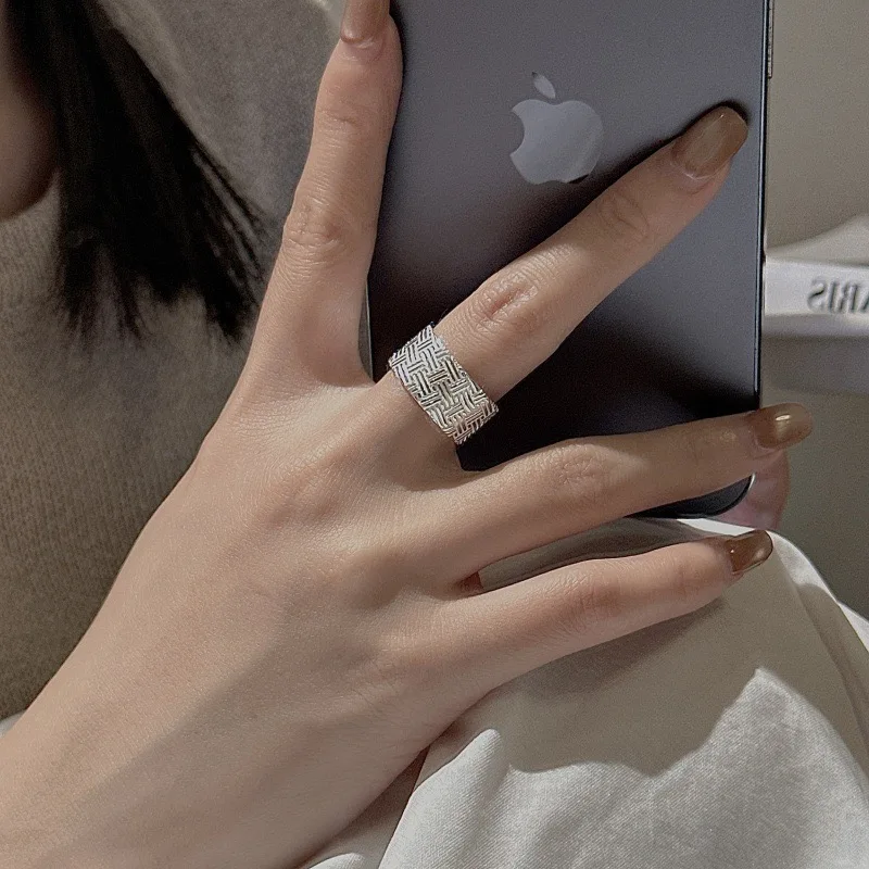 خواتم من الفضة الإسترليني عيار 925 للنساء مجوهرات رفيعة هندسية قابلة للتعديل بشريط عريض كهدية لحفلات أعياد الميلاد #4