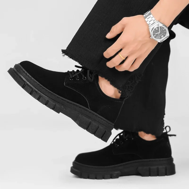 

Новые однотонные прочные мужские повседневные деловые туфли большого размера на шнуровке с круглым носком и толстой подошвой, увеличивающие рост