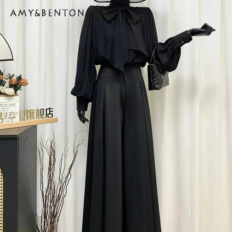 

Black High Waist Temperament Pleated Splicing Women's Clothing 2026 Spring Lantern Sleeves Loose Thin Wide-leg Jumpsuit Women