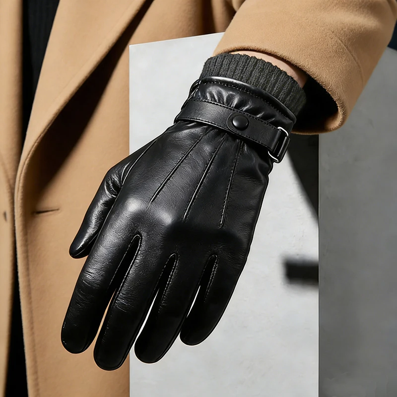 Men's First-Layer Sheepskin Warm Fleece-Lined Gloves, Fashionable and Versatile, Suitable for Business and Commuting, Autumn and Winter Warm Gloves, Touch Screen Compatible