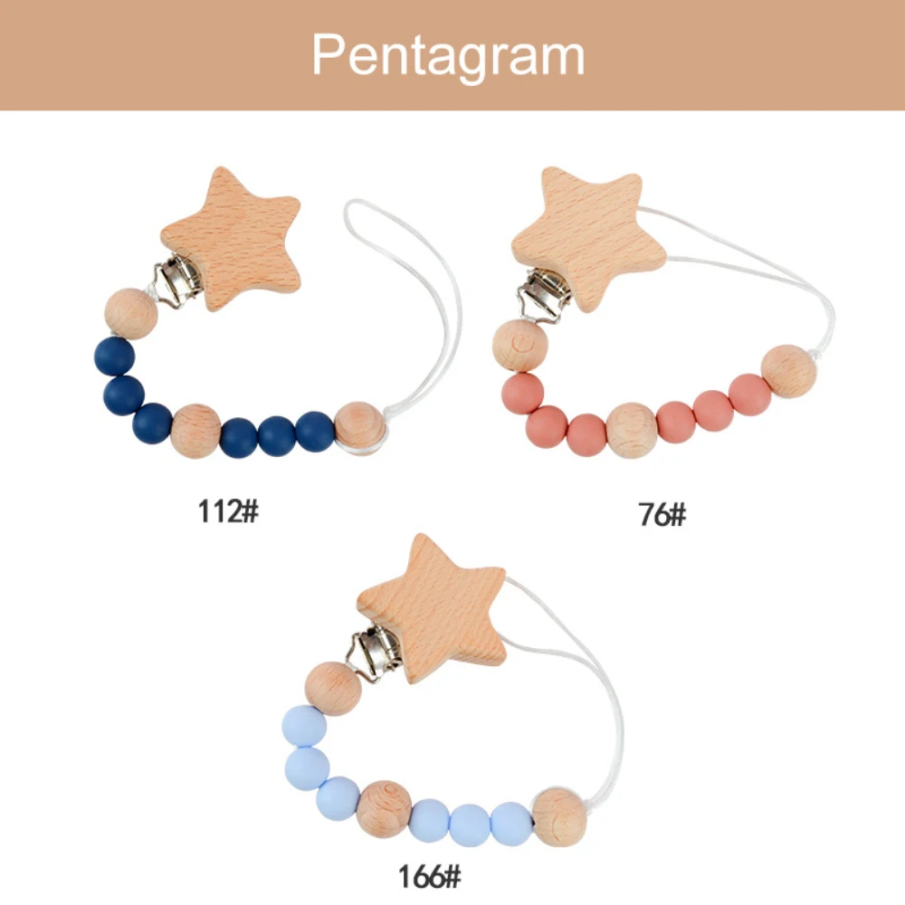 Cinco pontas estrela faia madeira manequim chupeta, Clipes de chupeta do bebê Correntes, Anti-Drop Holder, Child Products