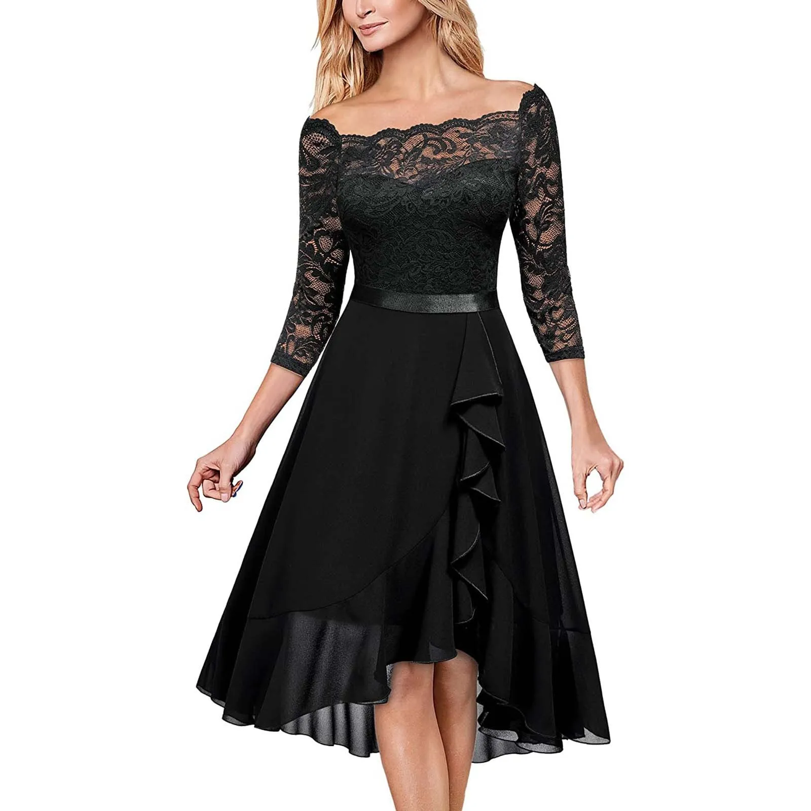 Women Midi Dress Chiffon One-Line Shoulder Long Sleeved Elegant Lady Mid Length Evening Dress Floral Lace Formal Wedding Dresses