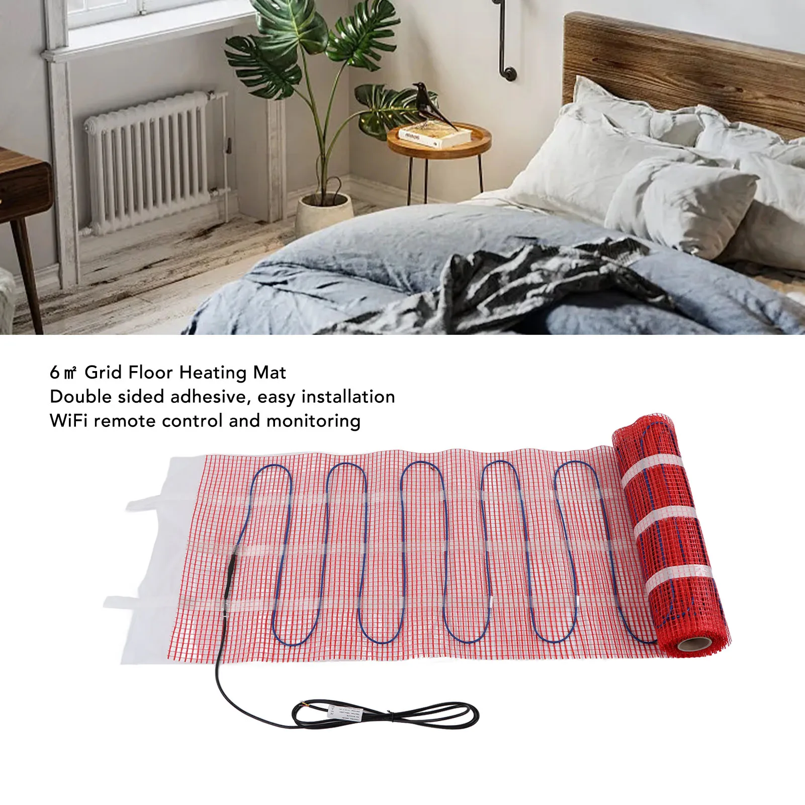 6㎡ Grid Floor Heating Mat with Thermostat Self Adhesive Aluminum Foil Electric Heating Pad System WiFi Control