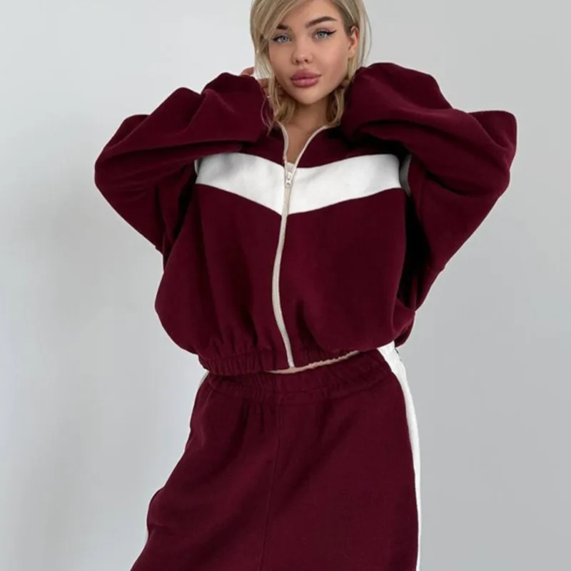 

2025 Autumn New Trendy Streetwear Outfit Zip-Up Patchwork Hoodie Stretchable Joggers Two-Piece Set Oversized Cozy Fit for Gym