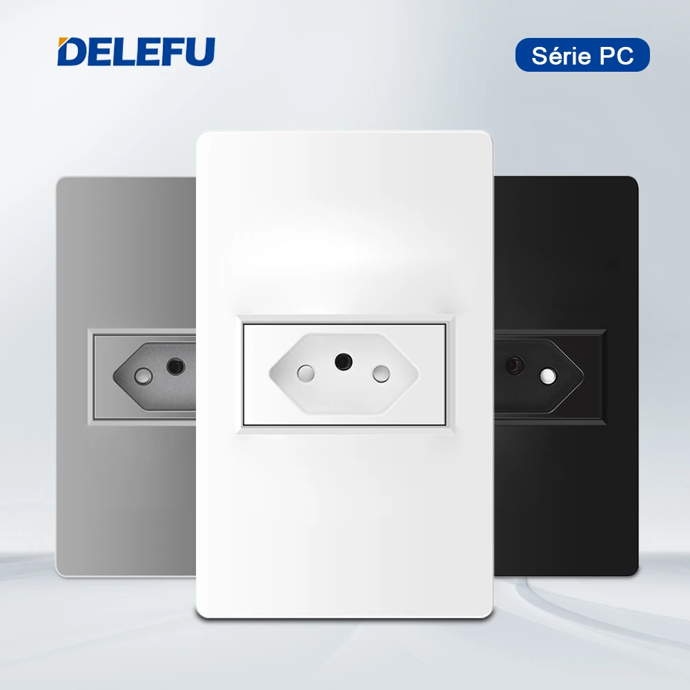 DELEFU White grey black PC Flame Retardant Panel 10A 20A  Brazilian Standard 118*72mm Single Wall Socket  plug