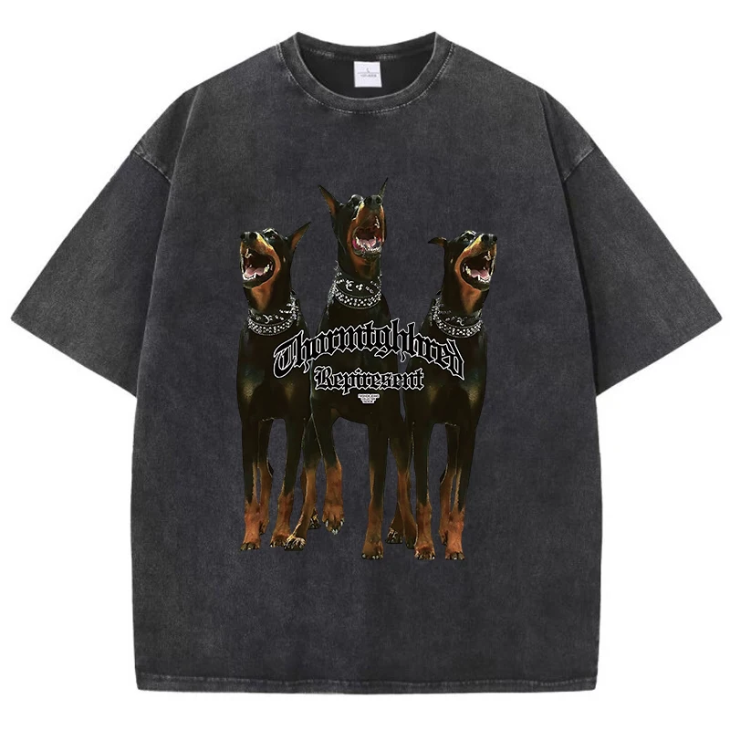 

Doberman Pinscher Cotton Washed T-Shirt Womens 3 Dogs Printing T Shirts O-Neck Oversized Acid Wash Tops Casual Womans Clothes