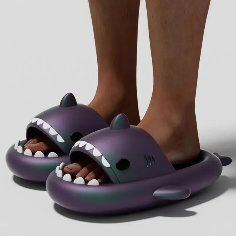 

4cm Thick Metal Color Shark Slippers Women Men Home Bathroom Summer Platform Shoes Punk Style Silver Color Couples Beach Slides