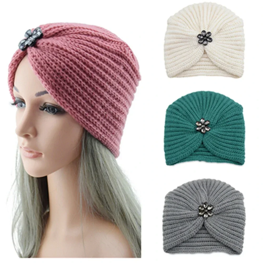 Bohemian Style Winter Woolen Flower Drill Belt Knitted Hat European and American  Women Turbans Cap