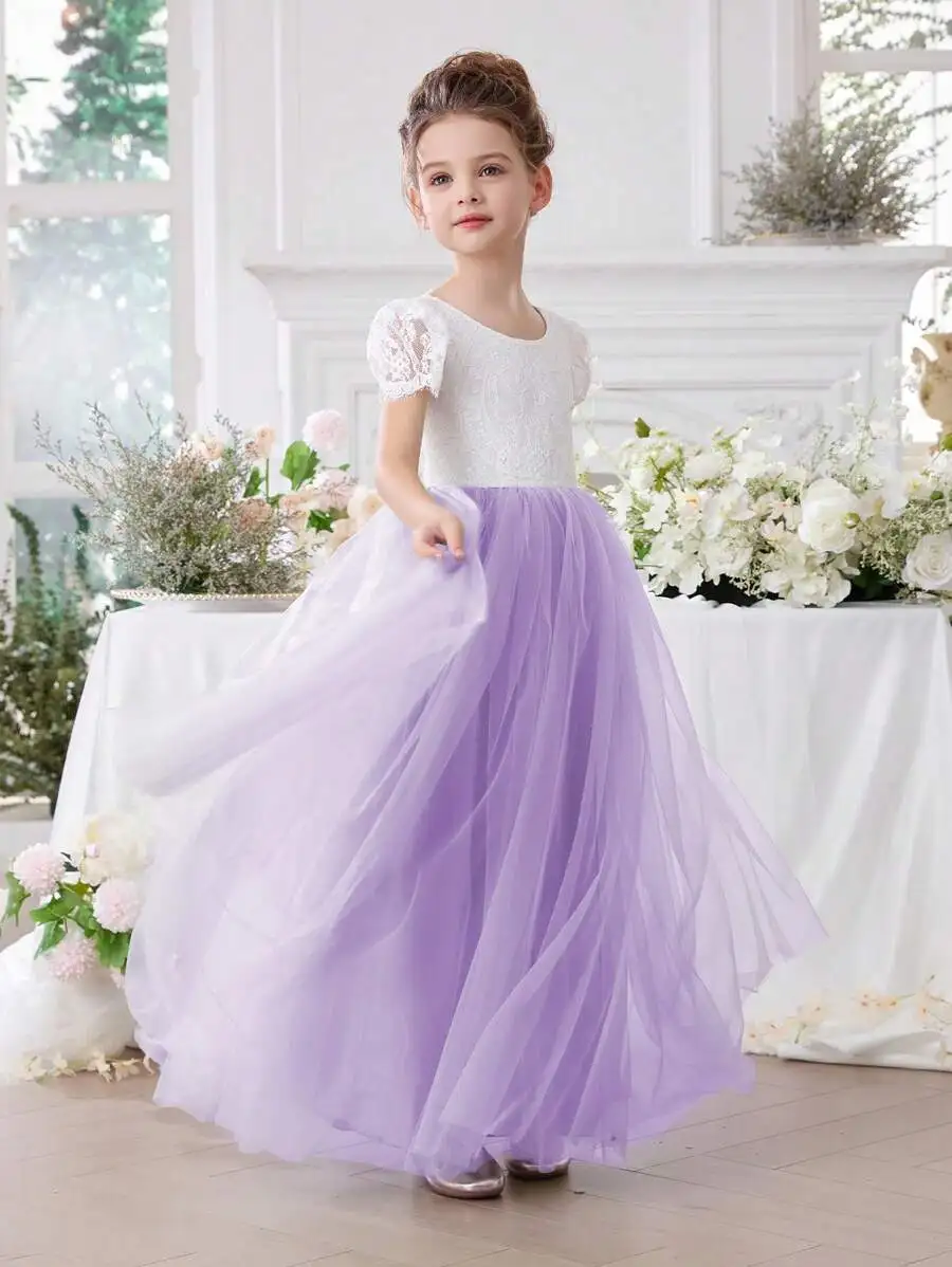 

Lace Trim V-Neck Tulle Ball Gown Evening Dress Lavender Formal Princess Style