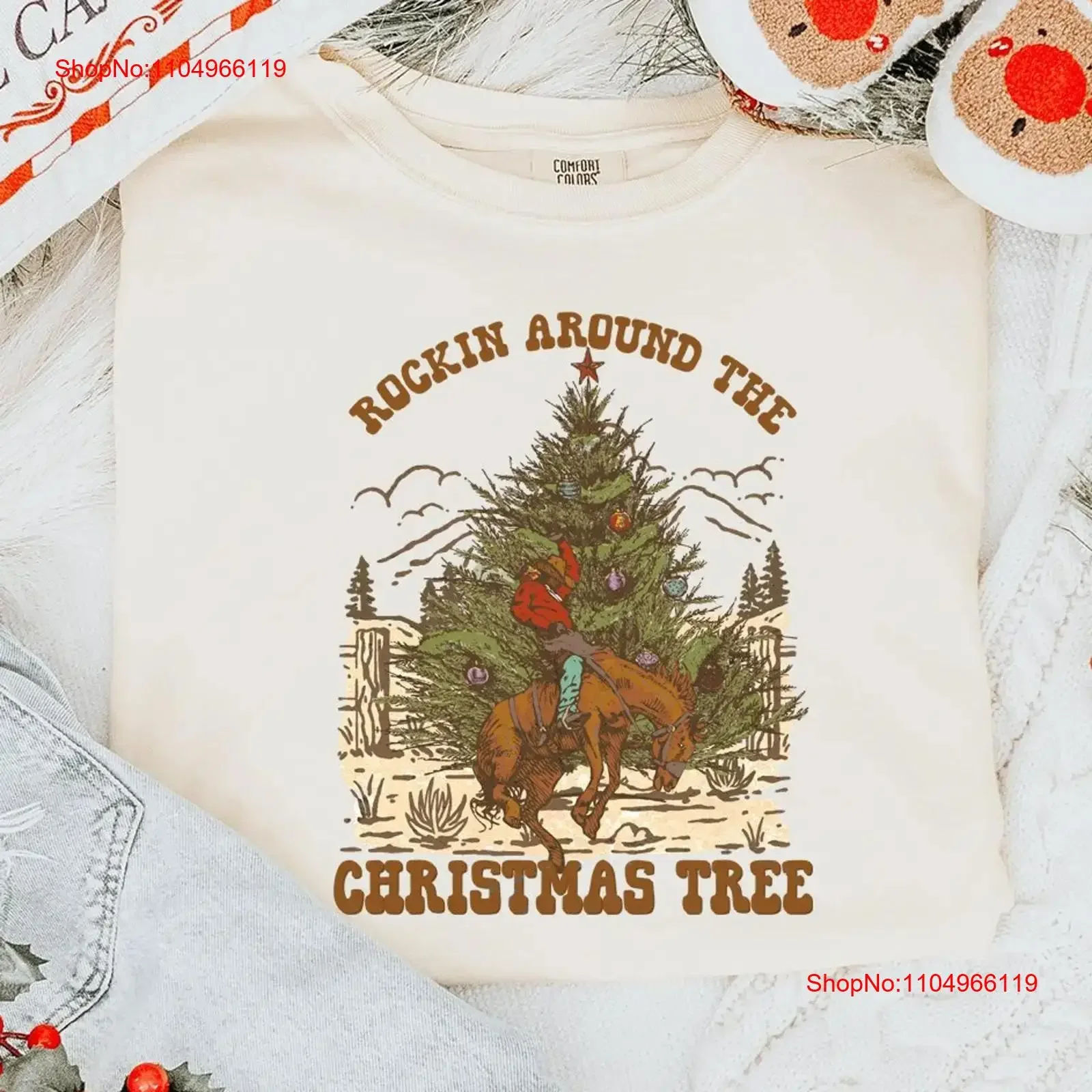 

Rockin Around The Christmas Tree T Shirt Western Cowboy Womens Xmas Holiday vintage Washed streetwear Slightly Soft