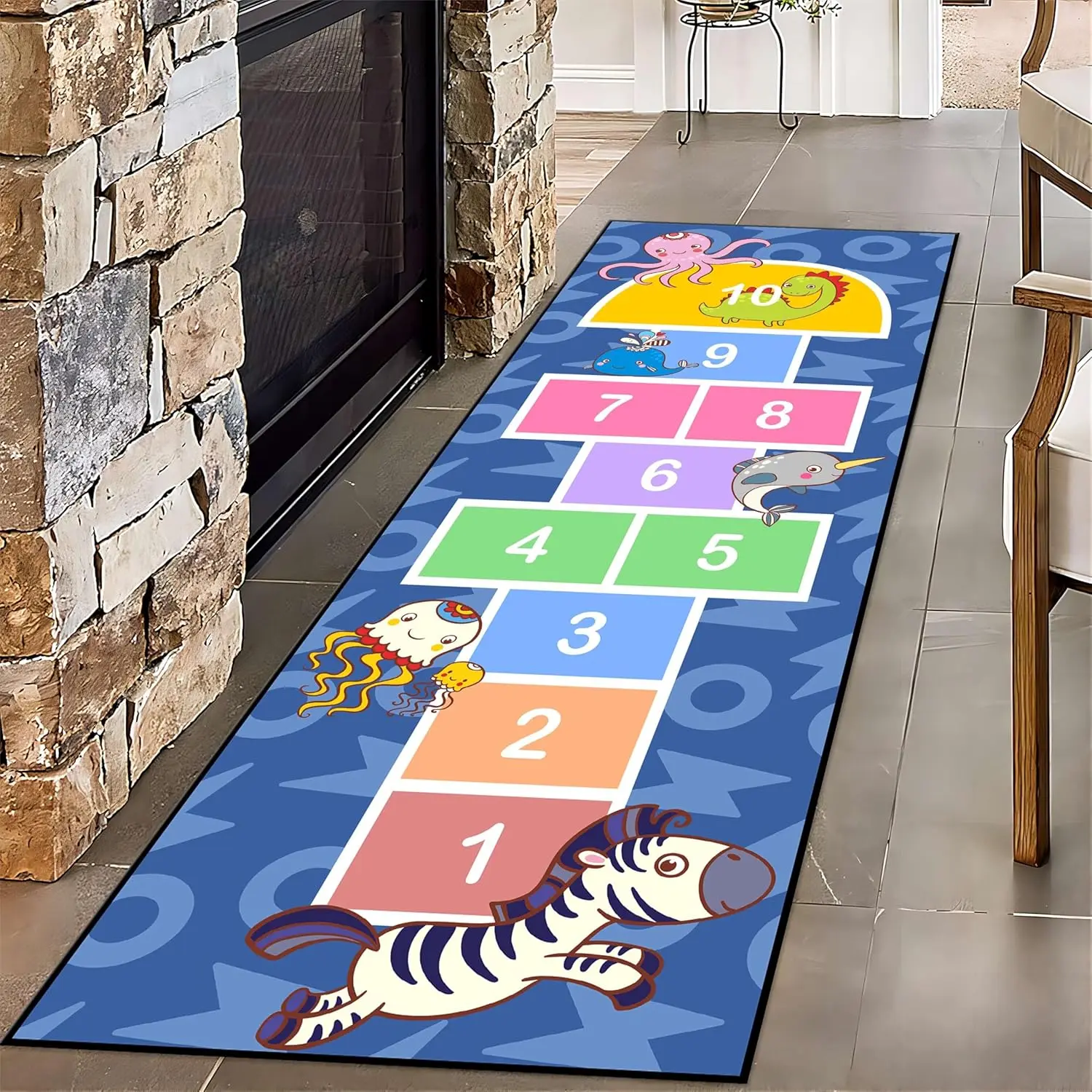 Hopscotch Carpet for Bedroom, Zebra Jellyfish Animal Print Indoor Throw Rug, Cartoon Blue Runner Rug for Kids Room,Thin Low Pile