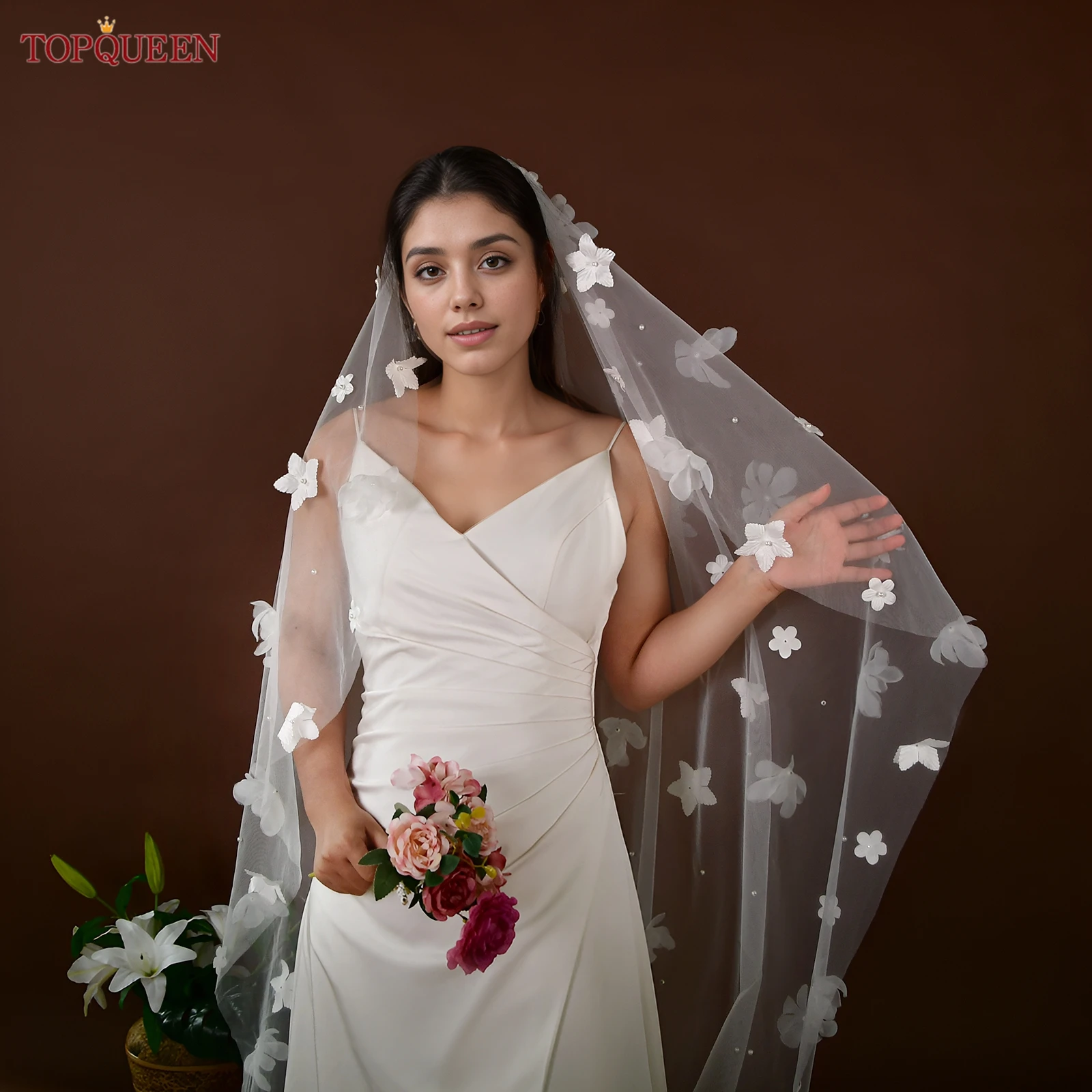 TOPQUEEN الزفاف الحجاب الزفاف ثلاثية الأبعاد زهرة الحجاب اللؤلؤ زين لينة كاتدرائية طبقة واحدة اكسسوارات الزفاف للتخصيص V243