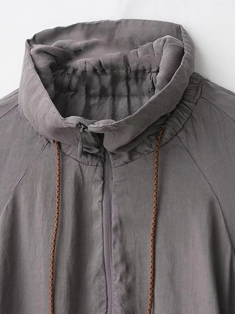 

Stand Collar Windproof Sunscreen Jackets Women Casual Drawstring Lantern Full Sleeve Loose Fitting Coats Basic Office Lady Tops