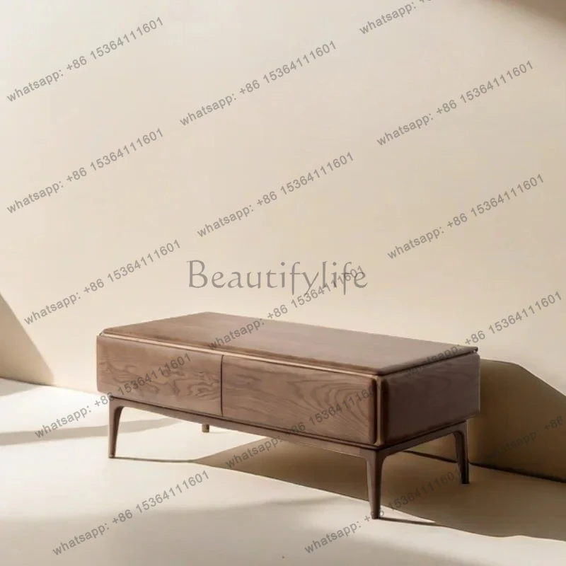 Medieval solid wood simple coffee table small apartment storage tea table ash wood rectangular light luxury log style