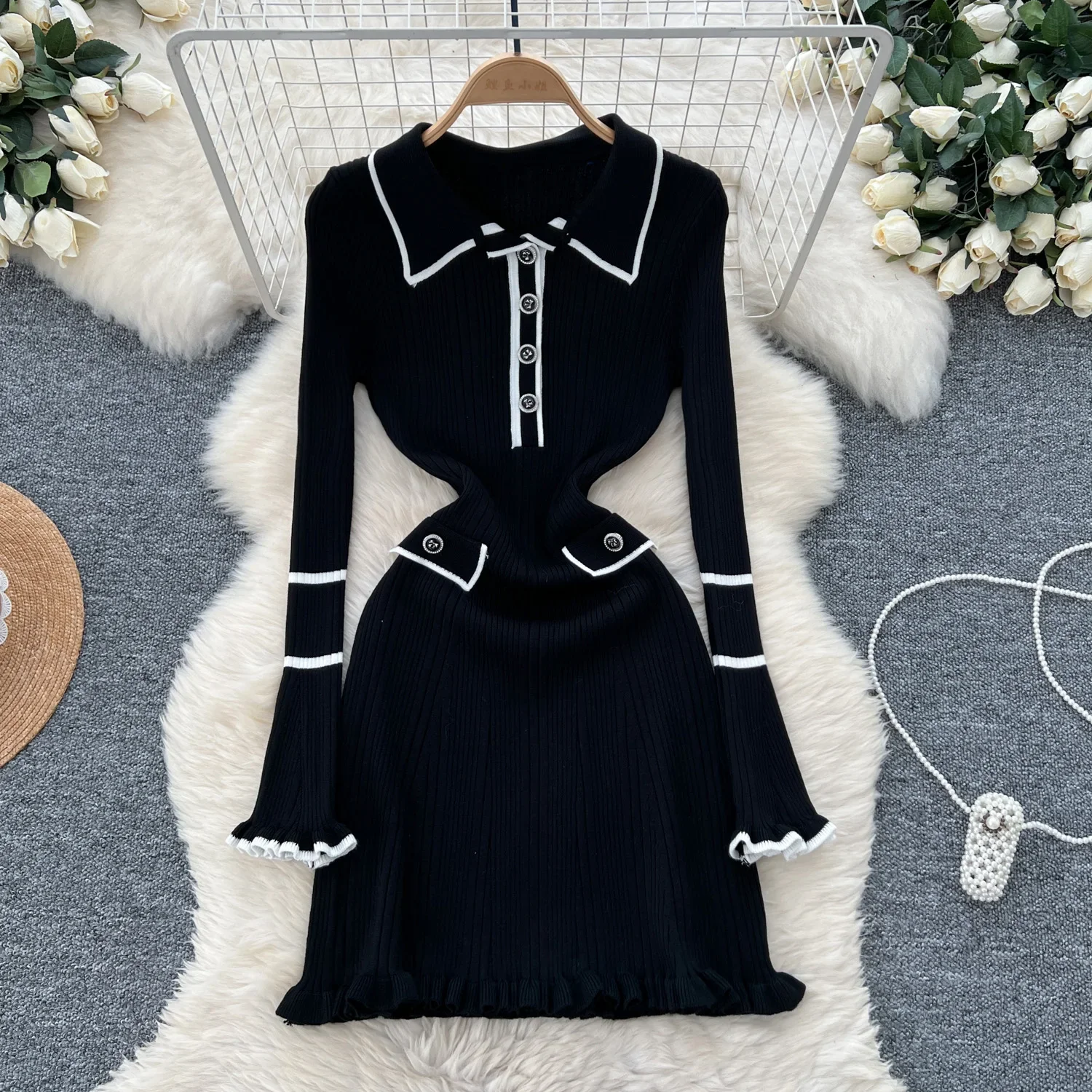 Casual Polo-neck Basics Long Sleeve Chic Buttons Slim Ear Fungus Edge Patchwork Dresses French Women High Street Autumn Clothing