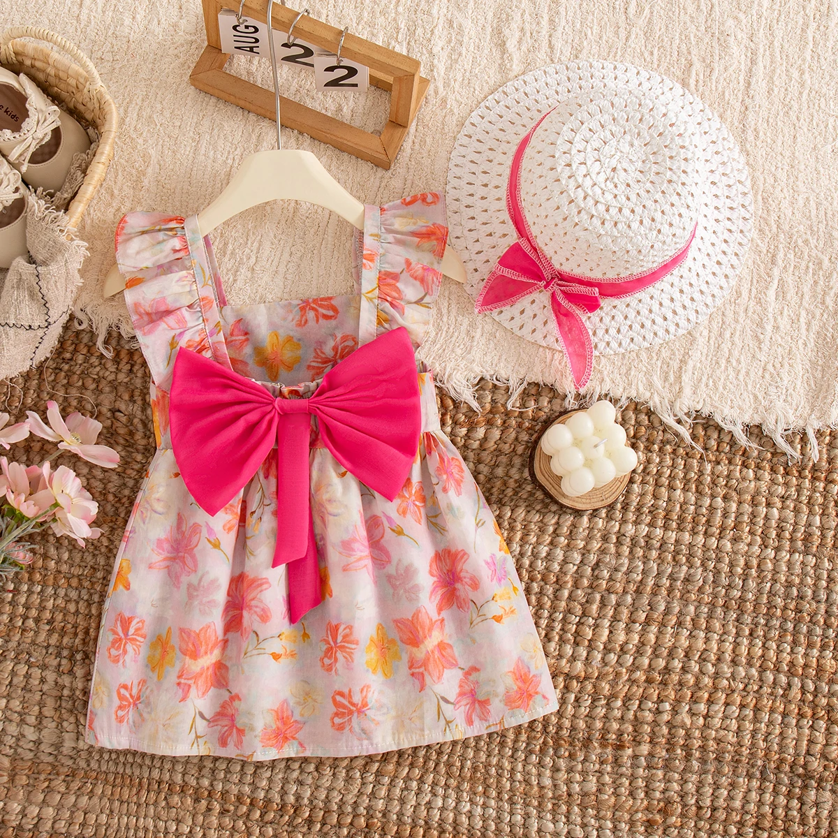 Summer Fashion Baby Girl Outfit Sets Send a Hat Korean Style Holiday Sweet Big Bow Floral Backless Casual Beach Toddler Dress
