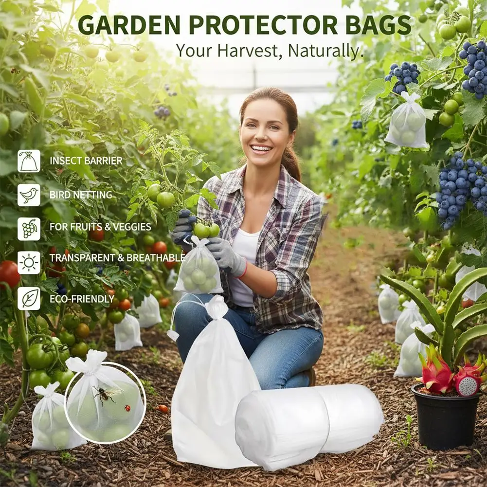 50Pcs Fruit Protection Bags with Drawstring Breathable Mesh Netting Insect Bird Pest Deer Proof Cover for Apple Grape Tree