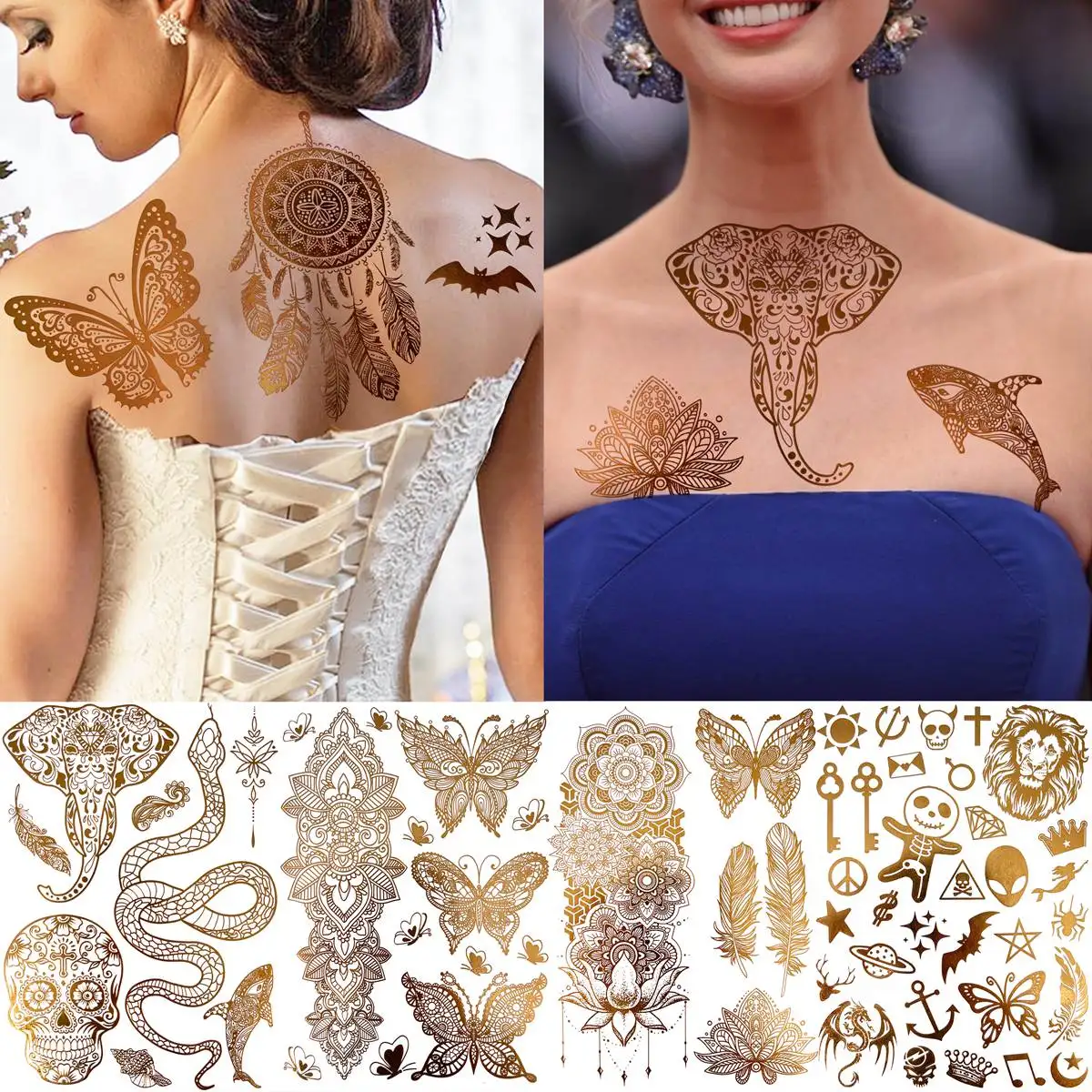 9 Sheets Glitter Temporary Tattoos For Women Girls Hands Arm Fake 3D Tattoo Sticker Golden Mandala Flower Snake Tatoos Metallic