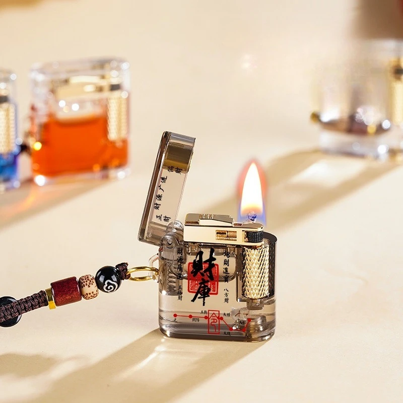 2026 Mini Square Brick Transparent Kerosine Lighter Outdoor Hanging Rope Portable Side Pulley Ignition Lighters Smoking Gadgets