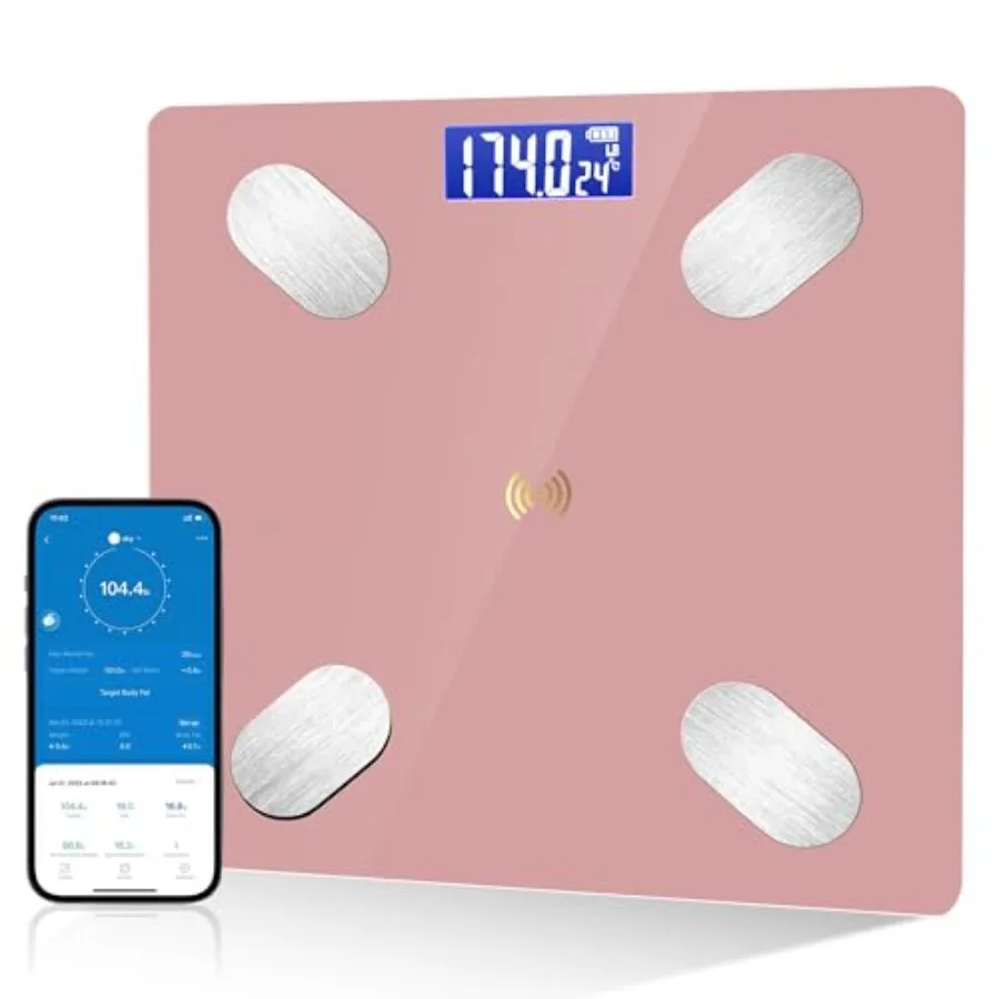 

Digital Simple Bathroom Scale for Home Use with LED Display Body Fat and Composition Analyzer in Pink Compatible with Smartphon
