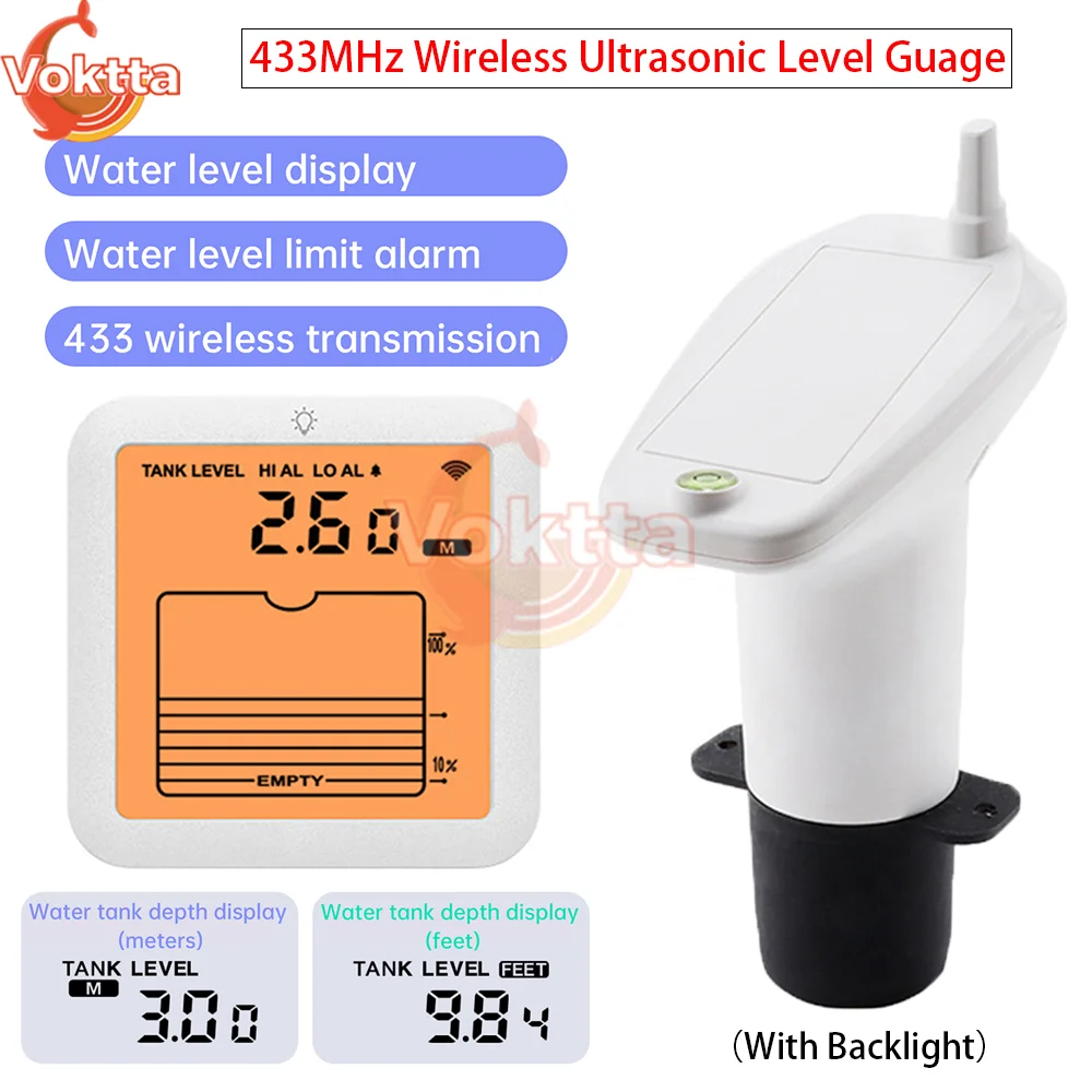 Medidor de nível ultrassônico sem fio, 433mhz, tanque de água digital doméstico, medidor de nível de líquido, alarme de altura, sensor de temperatura, monitor
