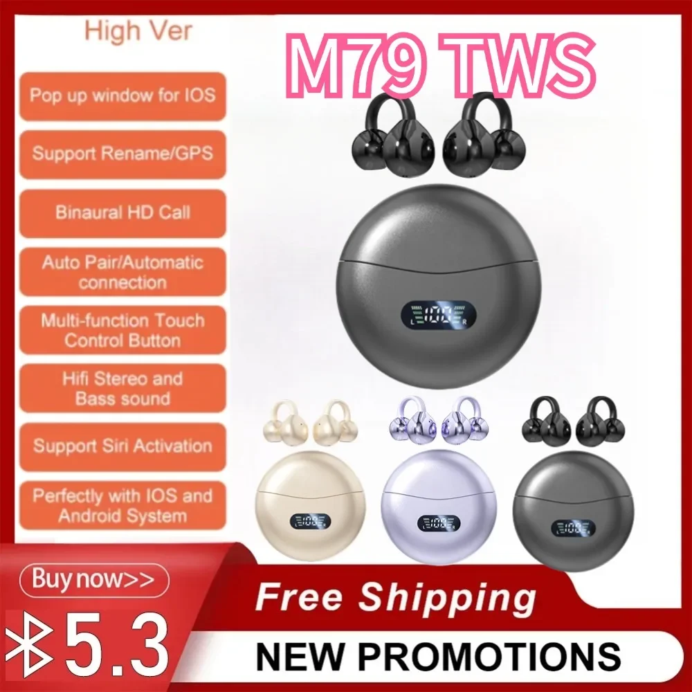 TWS M79 Wireless Bone Conduction HIFI Bluetooth 5.4 Earbuds Clip On Ear With Mic Digital Display Waterproof Sport Headsets 2024