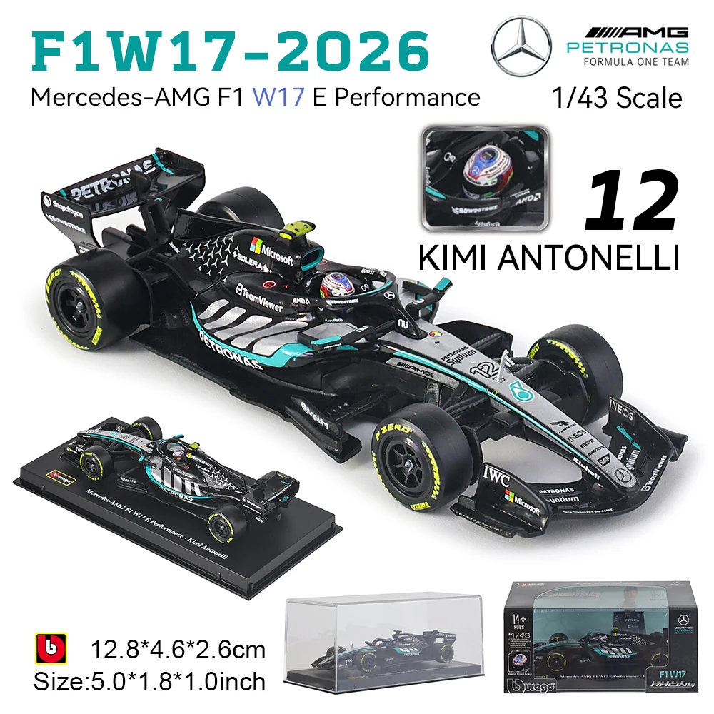 ブーラゴ-1-43-2026-f1-w17-メルセデスamg-63--ジョージ・ラッセル-12--アンドレア・キミ・アントネッリの車モデル、合金製のおもちゃの車コレクション