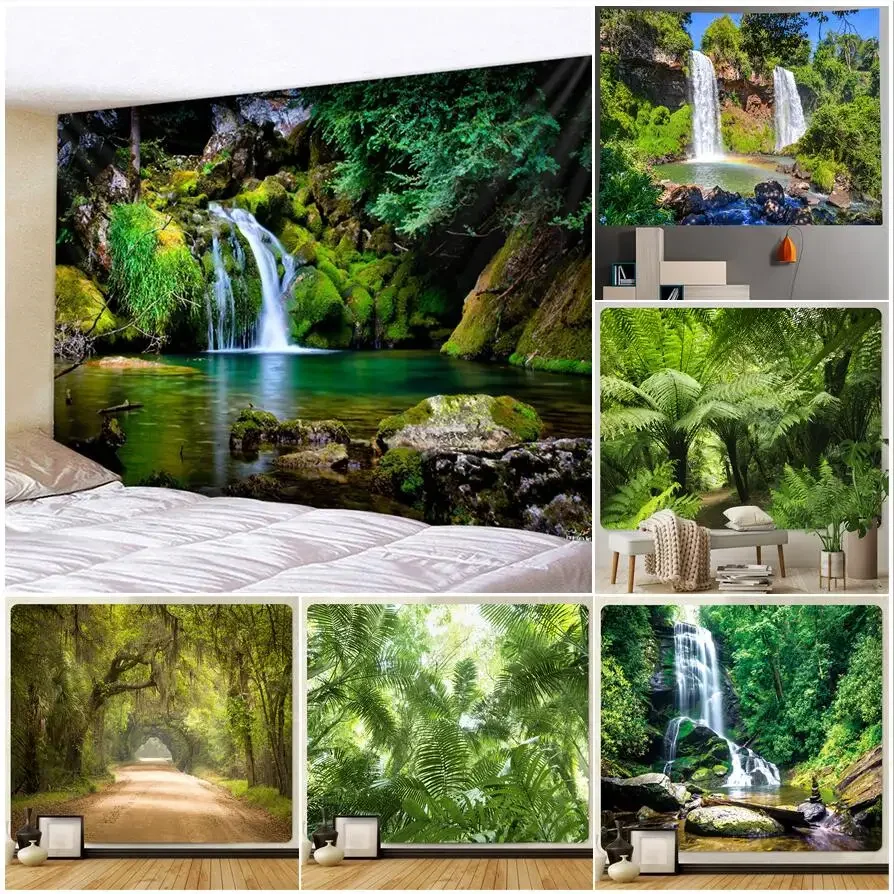 

Natural Forest Landscape Tapestry Waterfall Tropical Jungle Palm Leaves Art Decor Tapestries Picnic Mat Living Room Wall Hanging