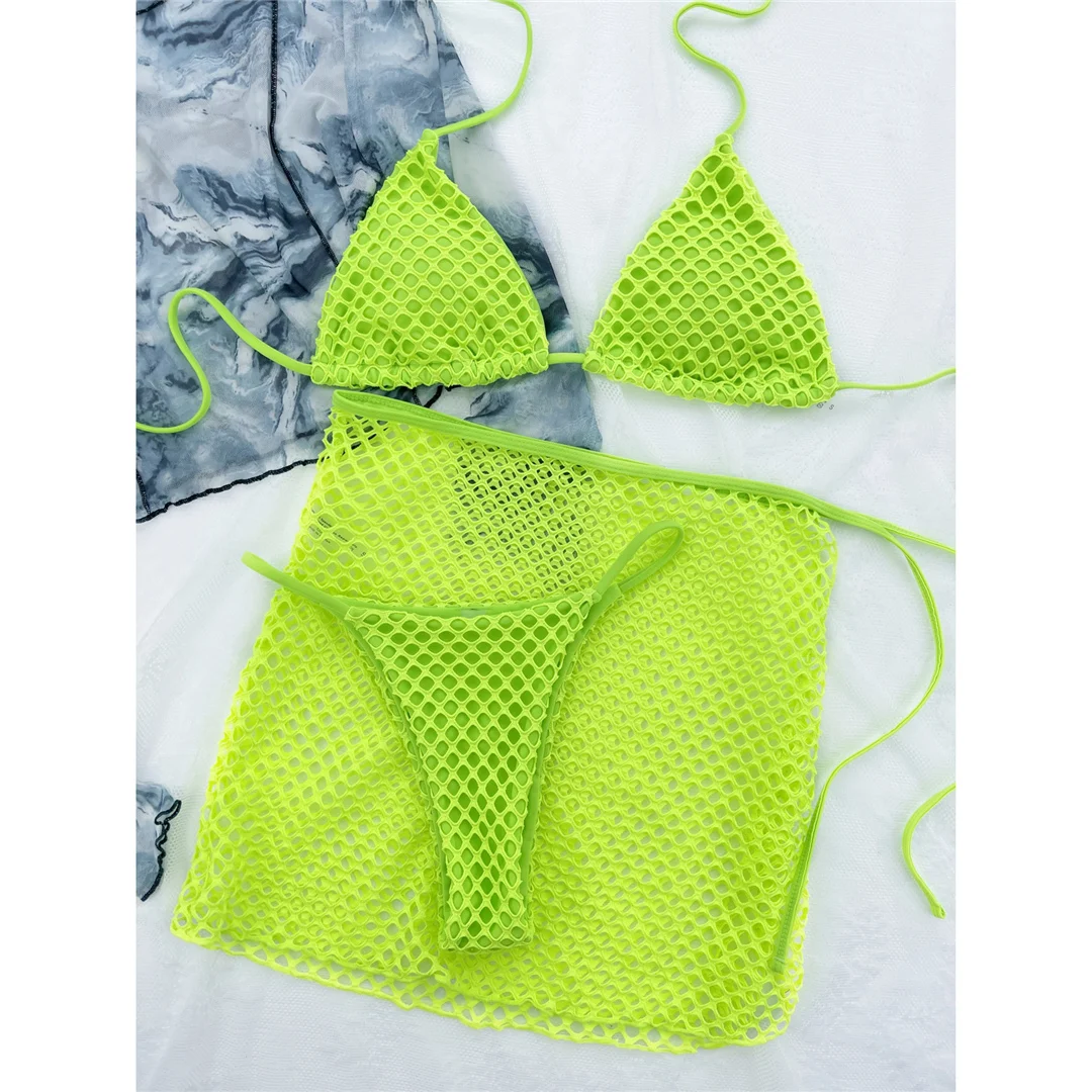 Neu mit Rock, Neckholder, Netzstoff, Fischernetz-Bikini, Damen-Badeanzug, Damen-Bademode, dreiteiliges Bikini-Set, Badeanzug, Badebekleidung, Schwimmanzug V4596 – Detail 30