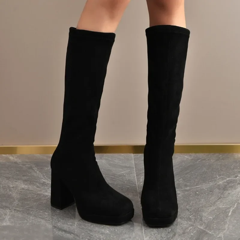 

2025 Winter New Brand Women Boots Fashion Round Toe Slip on Knee-high Boots Square High Heel Long Boots Shoes Ladies Black