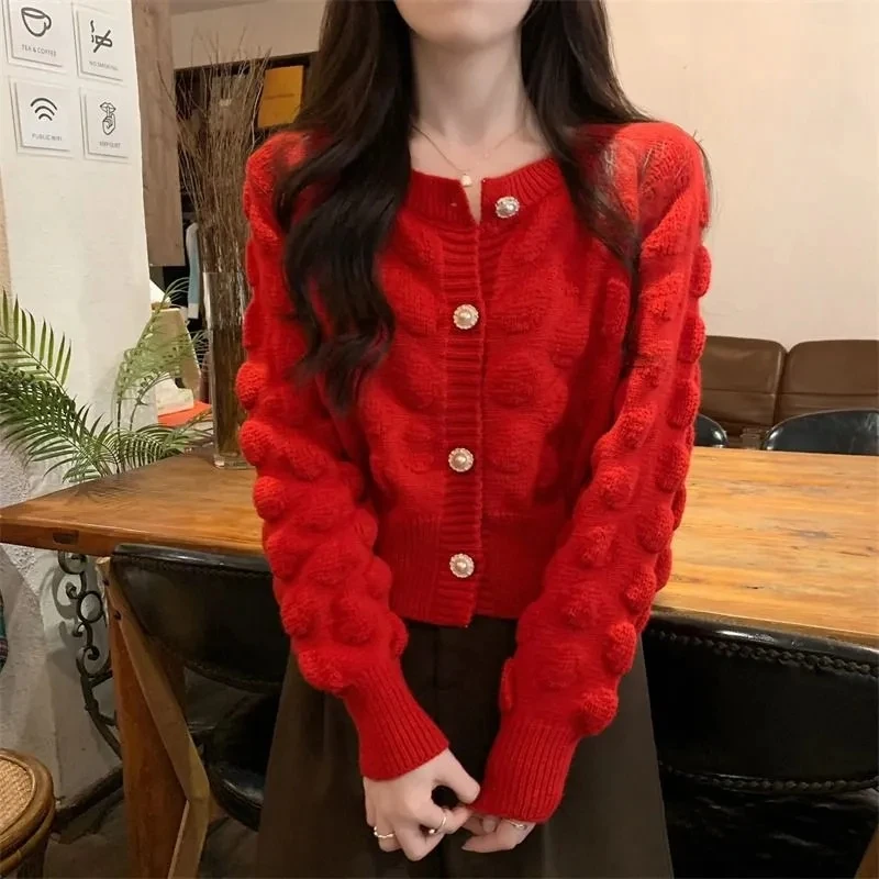 

SolidColor FashionRound Neck Short SweaterCoatWomen Joker Autumn New Outdoor Long-Sleeved Sweater Cardigan Single-Breasted Coat