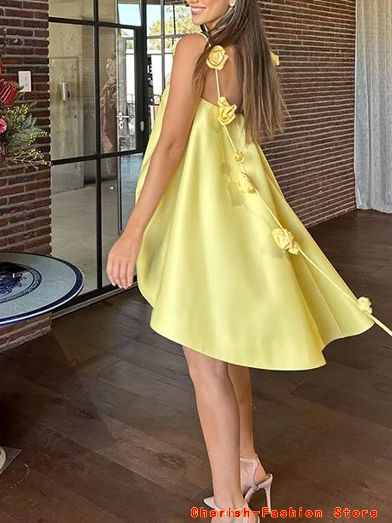 Summer Satin Thin Women's Party Dress Fashion Hollow Sleeveless Holiday Dresses Yellow Rose Flower Suspenders Mini Dress Vestido