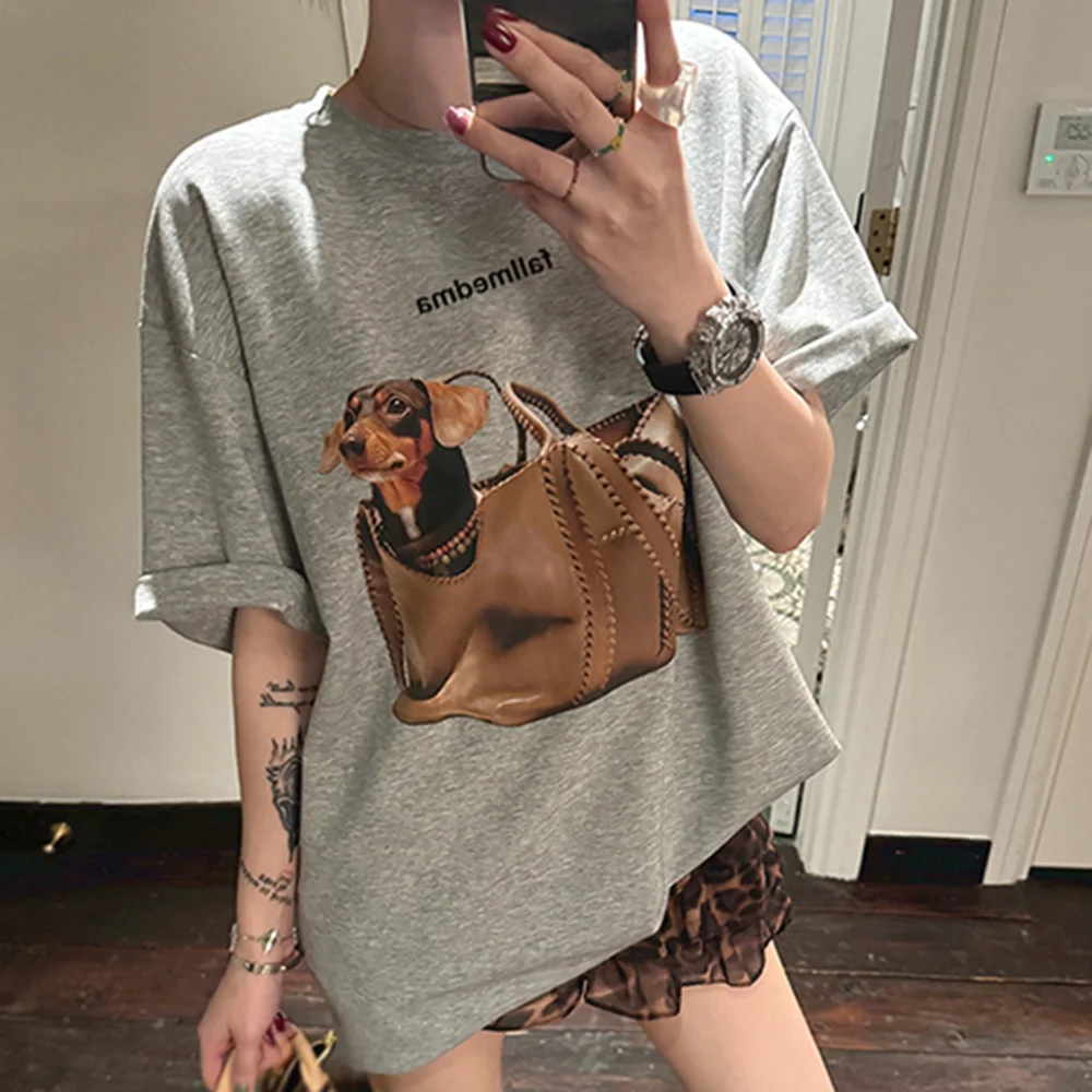 

Korean puppy print round neck front shoulder short-sleeved t-shirt women's summer fashion trend brand thin top