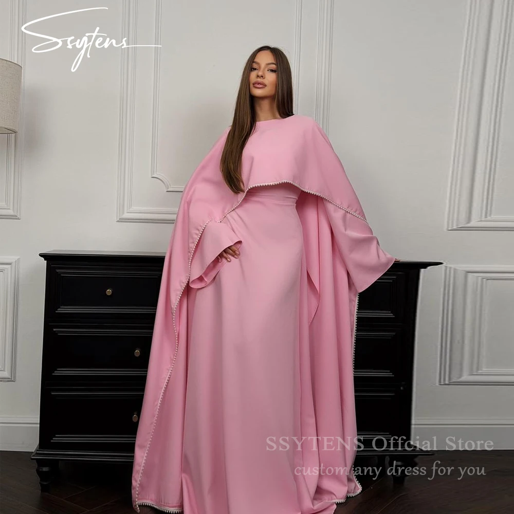 

SSYTENS Saudi Arabian Evening Dresses Pink Long Sleeves Modest Evening Gowns for Women 2026 Pearls Shawl Modern Formal Dress
