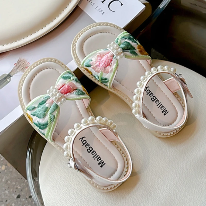 Girl Princess Embroider Sandals Summer Chinese Style Children Causal Flat Sandals Fashion Pearl Sweet Kid Dress Open-toe Sandals