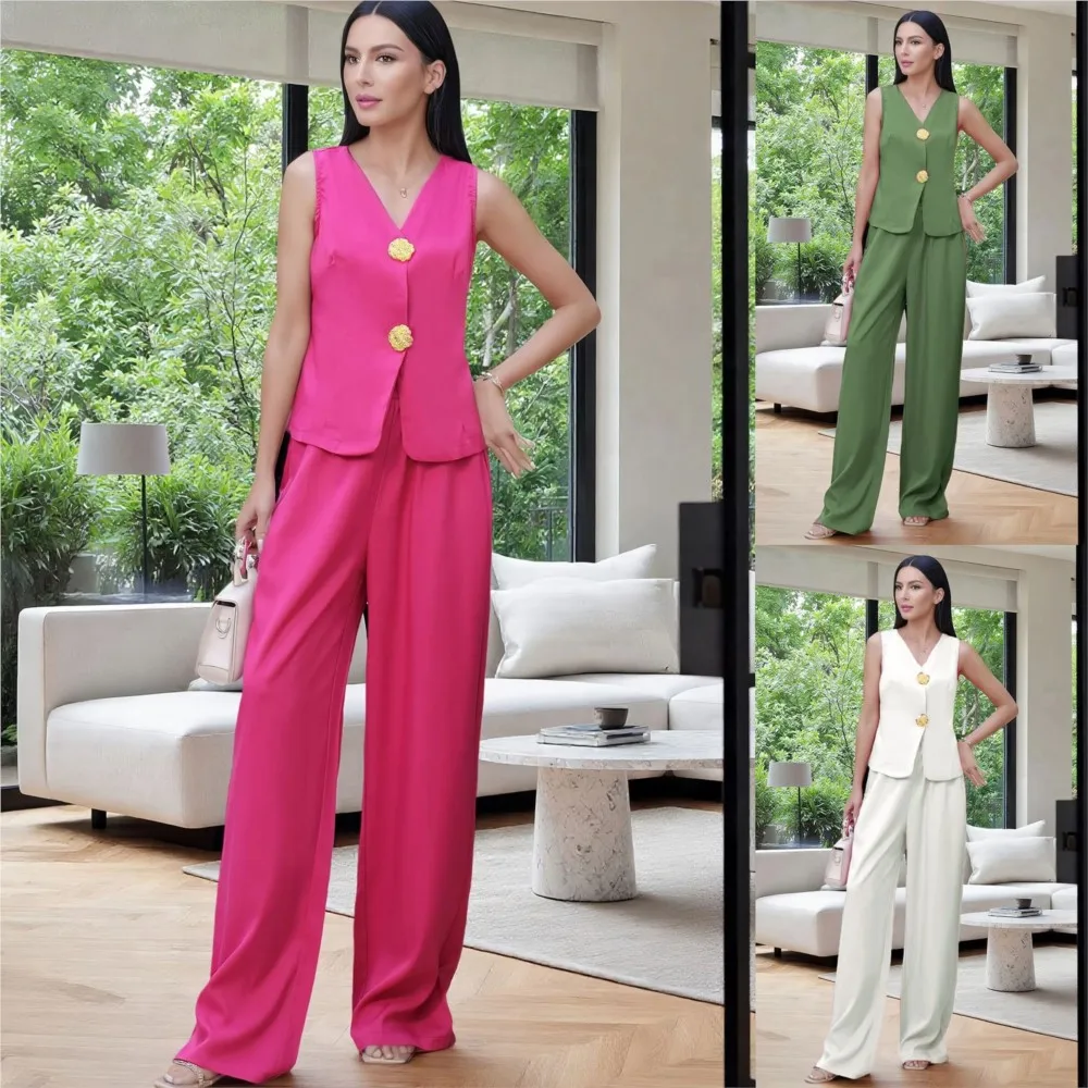 Moda grande botão com decote em v colete calças femininas 2 peça conjunto verão fino elegante feminino escritório calças de pernas largas terno 2025