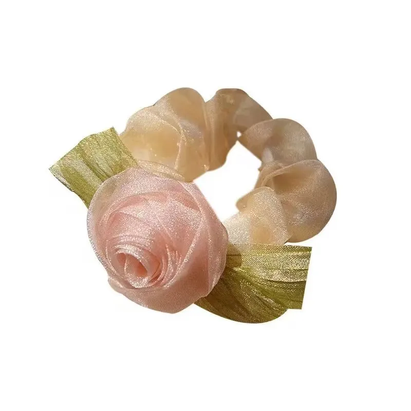 Sweet Rose Flower Chiffon Hair Scrunchies For Women Girl Elegant Simple Flowers Ponytail Hair Rope Headdress Hair Accessories