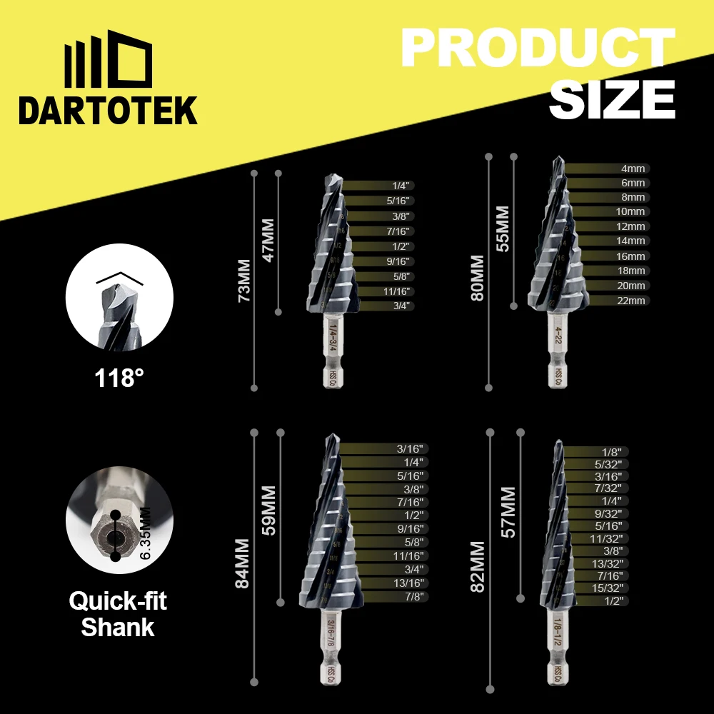 DARTOTEK M35 COBALT HSS Four Spiral Flute Step Drill Bit Hex Shank Quick-fit Pagoda For Stainless Steel Copper Metal Wood