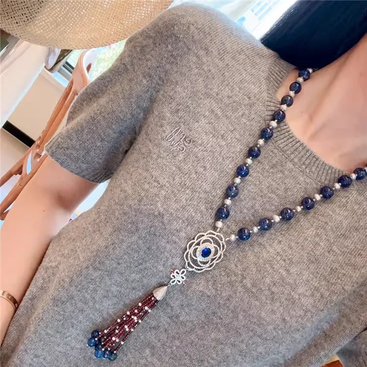Natural Lapis Lazuli Beaded With Garnet Tassel Pendant Long Sweater Necklace