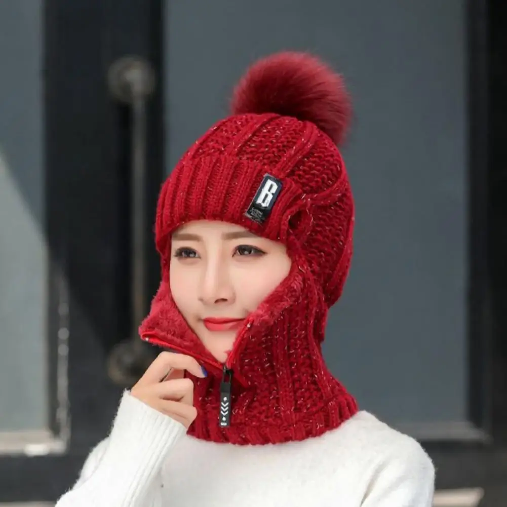 Fleece Lined Plush Ball Neck Warmer Cap Zipper Closure Warm Winter Face Cover Slouchy Beanie for Cycling