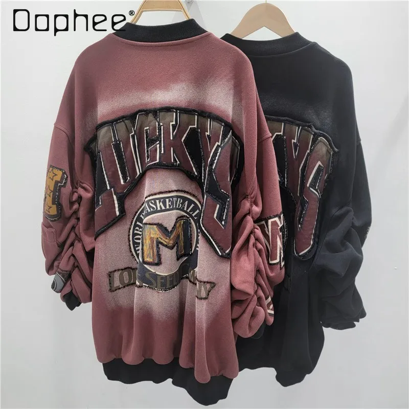 

American Style Baseball Jacket Women Spring Autumn Long Sleeve Black Trendy Embroidery High Street Cool Coat Zipper Top